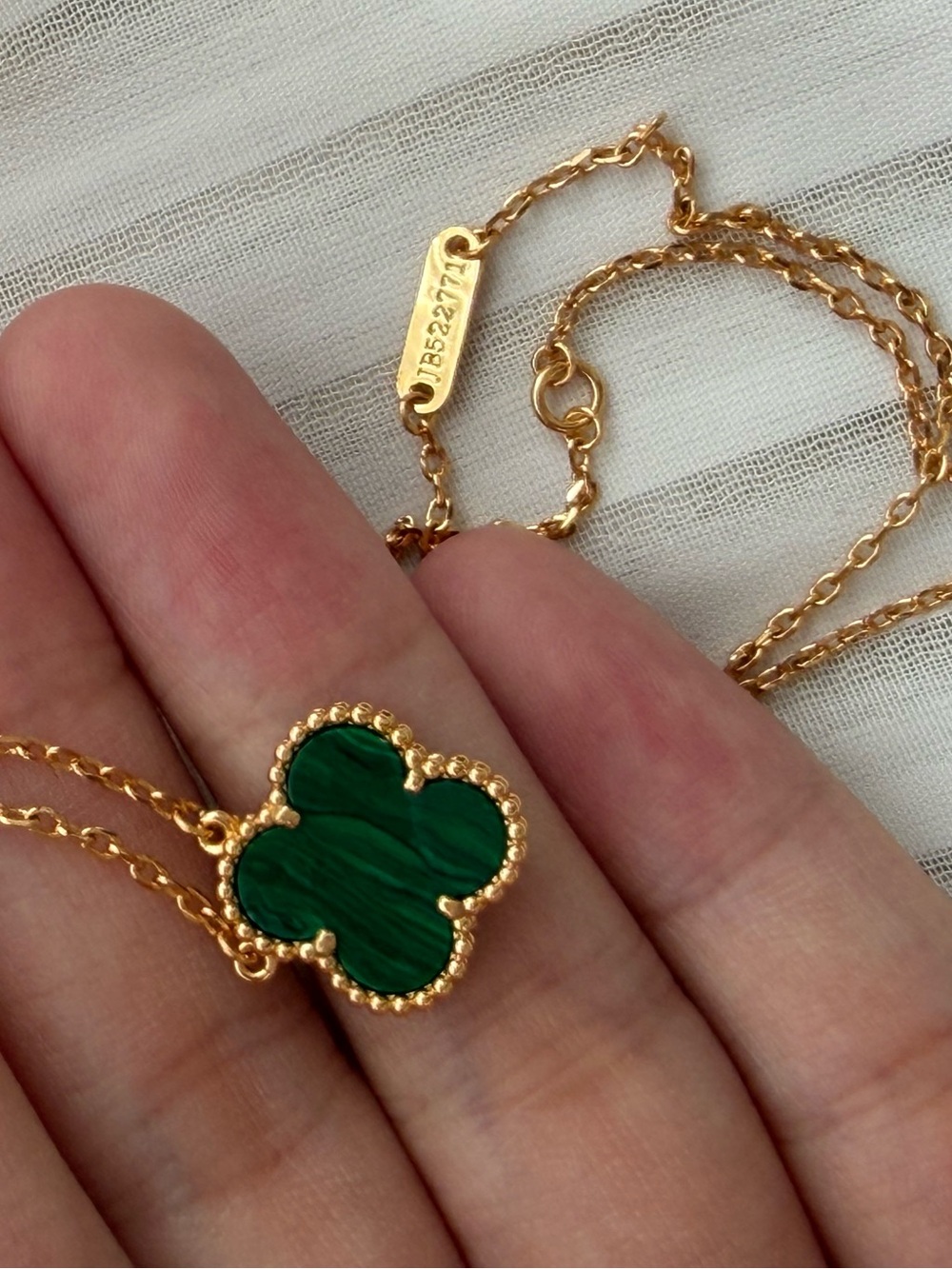 Van Cleef & Arpels Gold Clover Pendant Necklace with Green Inlay